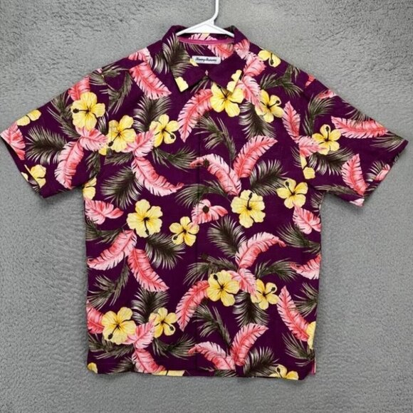 Tommy Bahama Shirt Adult Small Purple Floral Silk Blend Hawaiian Button Up - Picture 1 of 10